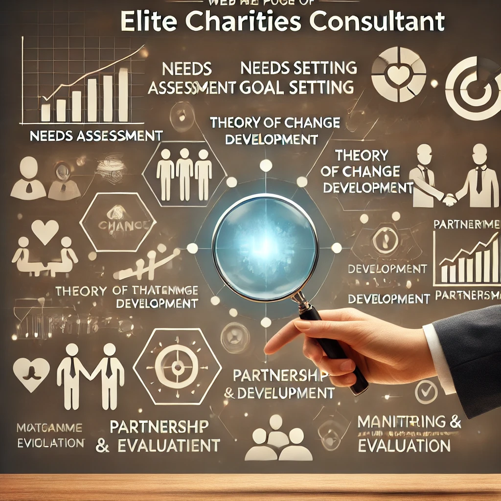 A hand holding a magnifying glass, focused on a diagram illustrating the key stages of charity consultancy, including needs assessment, goal setting, theory of change development, partnership, and monitoring and evaluation.