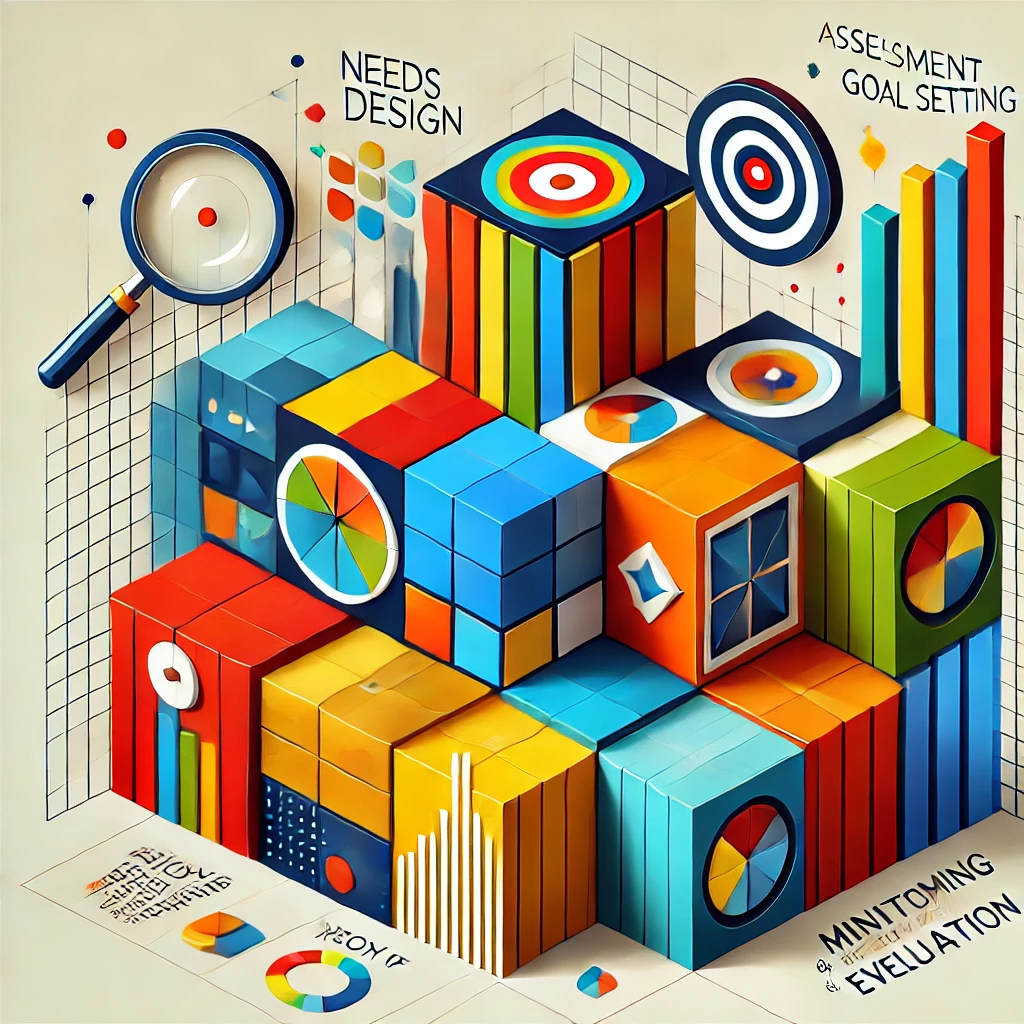 Geometric, colorful blocks representing various consulting services like needs assessment, goal setting, theory of change development, and monitoring & evaluation. Each block features vibrant colors and symbols such as a magnifying glass, target, flowchart, and graphs, reflecting a modern and structured design aesthetic