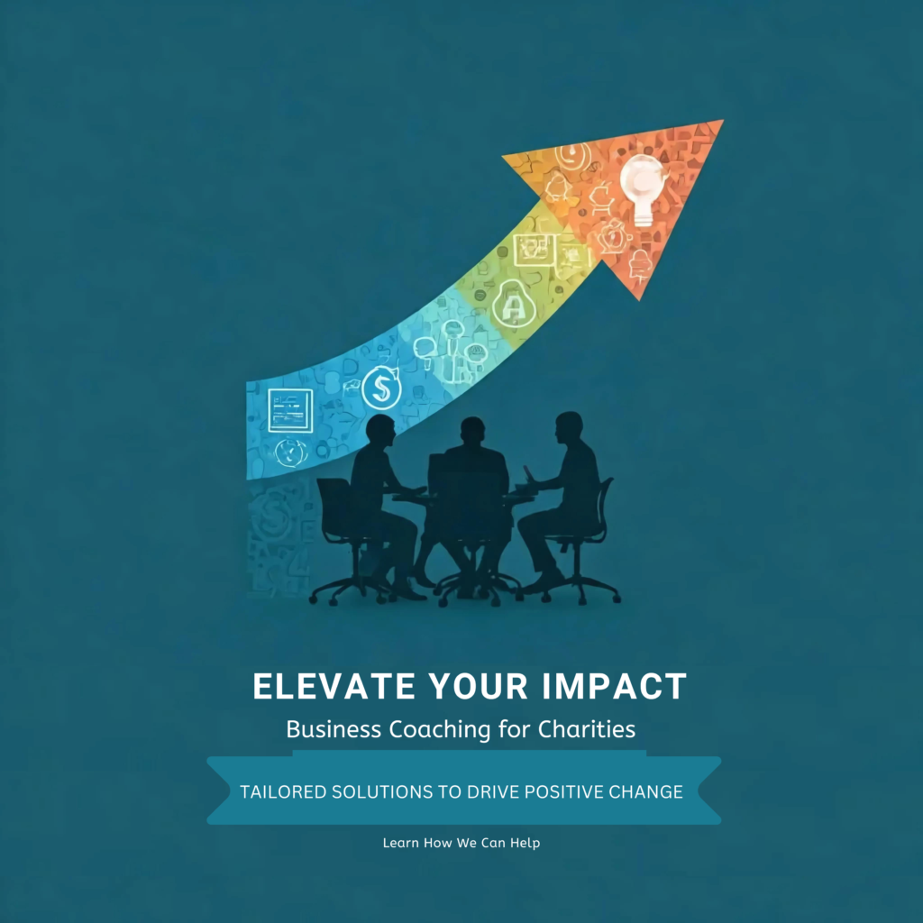 A colorful abstract image representing the concept of charity consultancy. A central upward arrow composed of various icons symbolizes different aspects of nonprofit work, while surrounding silhouettes of people represent teamwork and community. The image features a bold title "Elevate Your Impact" and a subtitle "Business Coaching for Charities," with a call to action banner at the bottom.