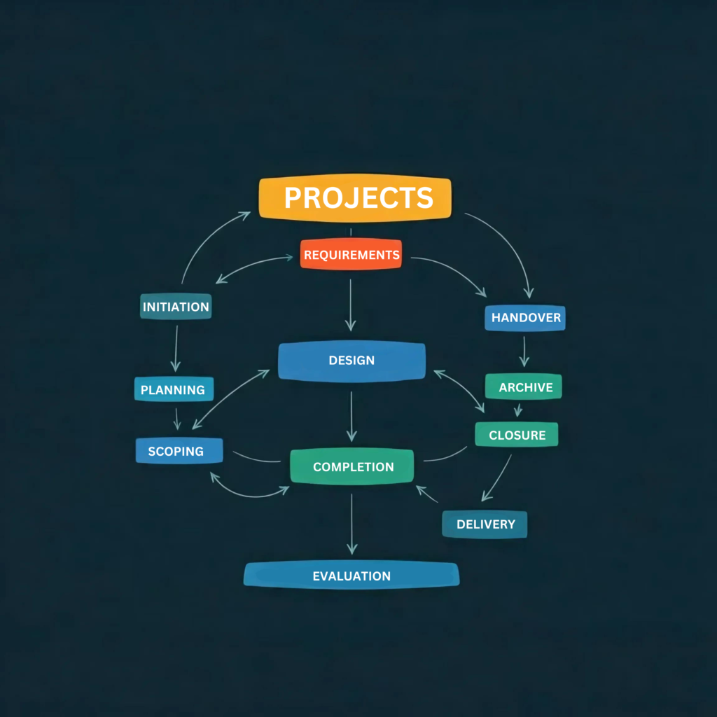 A professional flowchart illustrating the different stages of project management, including project scoping, planning, risk management, stakeholder management, team management, budget management, communication and reporting, monitoring and evaluation, and change management. Arrows connect the stages to show the sequence of tasks and their interconnections.